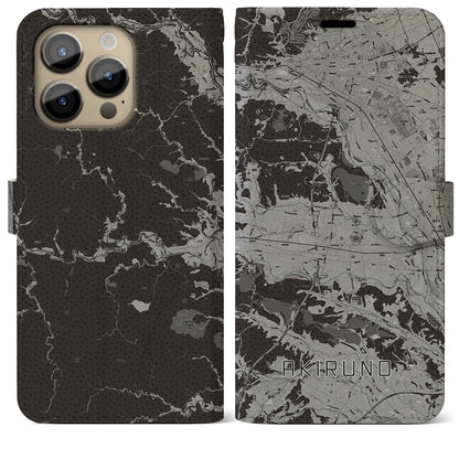 【あきる野（東京都）】地図柄iPhoneケース（手帳タイプ）モノトーン・iPhone 14 Pro Max 用