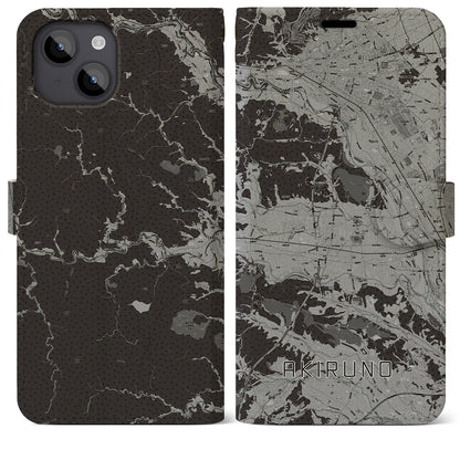 【あきる野（東京都）】地図柄iPhoneケース（手帳タイプ）モノトーン・iPhone 14 Plus 用