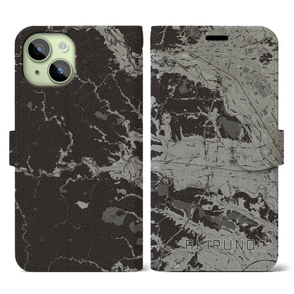 【あきる野（東京都）】地図柄iPhoneケース（手帳タイプ）モノトーン・iPhone 15 用