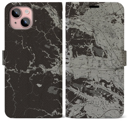 【あきる野（東京都）】地図柄iPhoneケース（手帳タイプ）モノトーン・iPhone 15 Plus 用