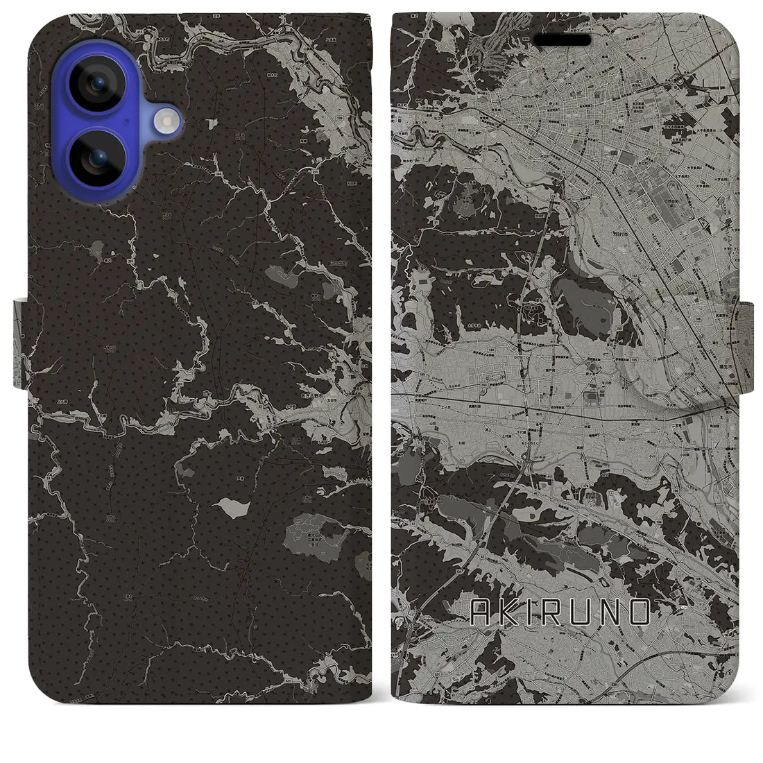 【あきる野(東京都)】地図柄iPhoneケース(手帳タイプ)モノトーン・iPhone 16 Pro Max 用