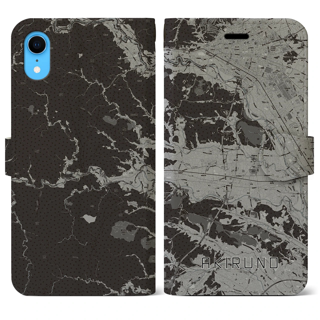 【あきる野】地図柄iPhoneケース（手帳両面タイプ・モノトーン）iPhone XR 用