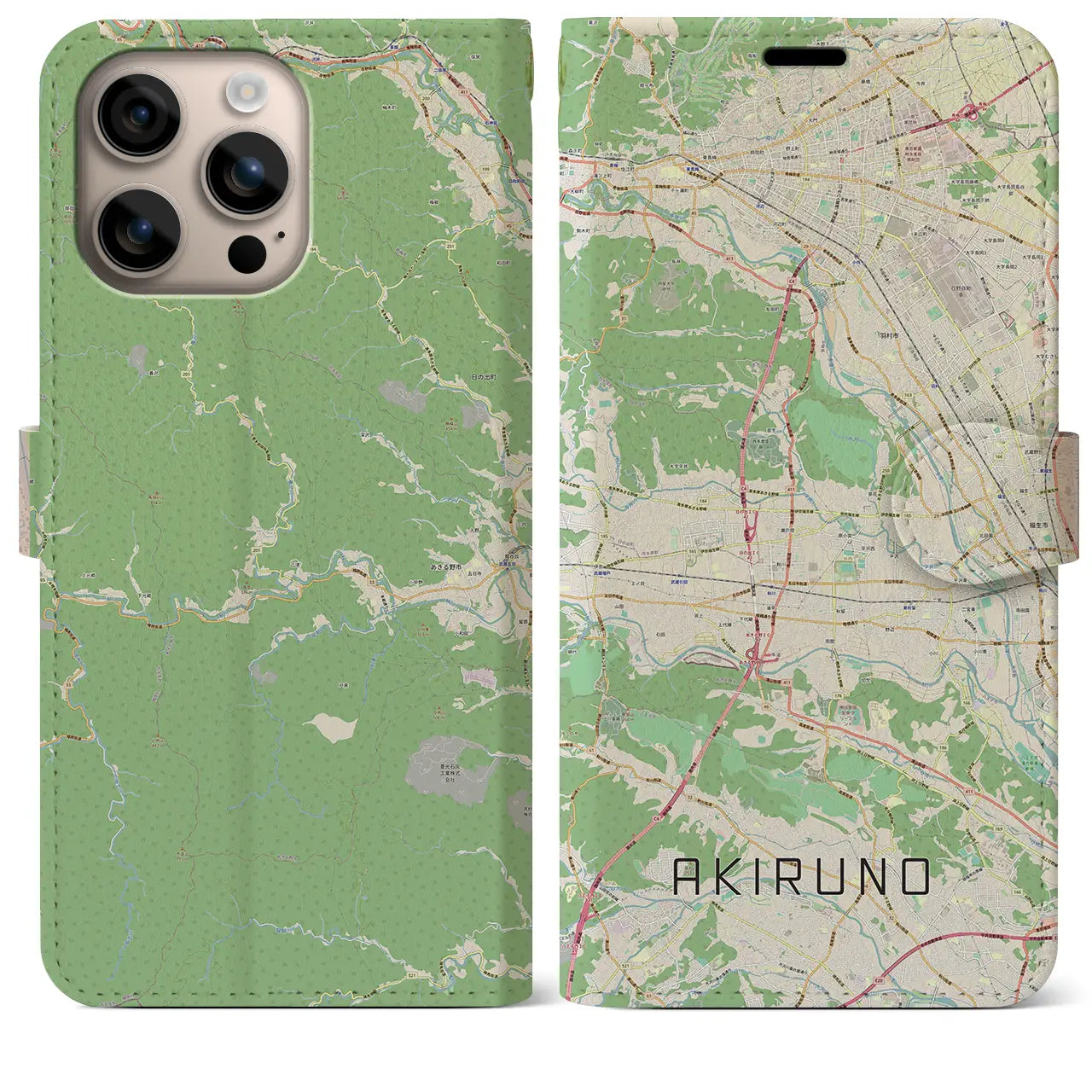 【あきる野（東京都）】地図柄iPhoneケース（手帳タイプ）ナチュラル・iPhone 16 Plus 用