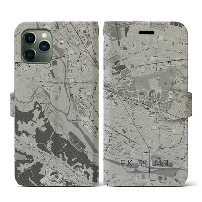 【昭島（東京都）】地図柄iPhoneケース（手帳タイプ）モノトーン・iPhone 11 Pro 用