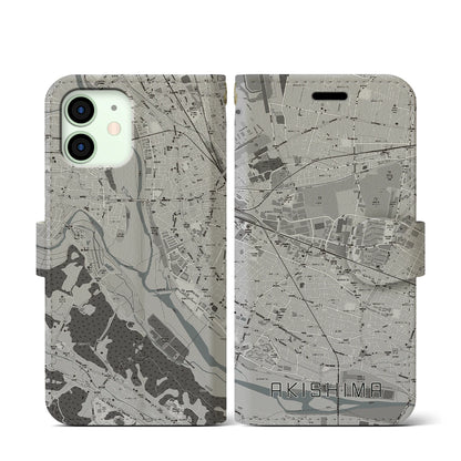 【昭島（東京都）】地図柄iPhoneケース（手帳タイプ）モノトーン・iPhone 12 mini 用