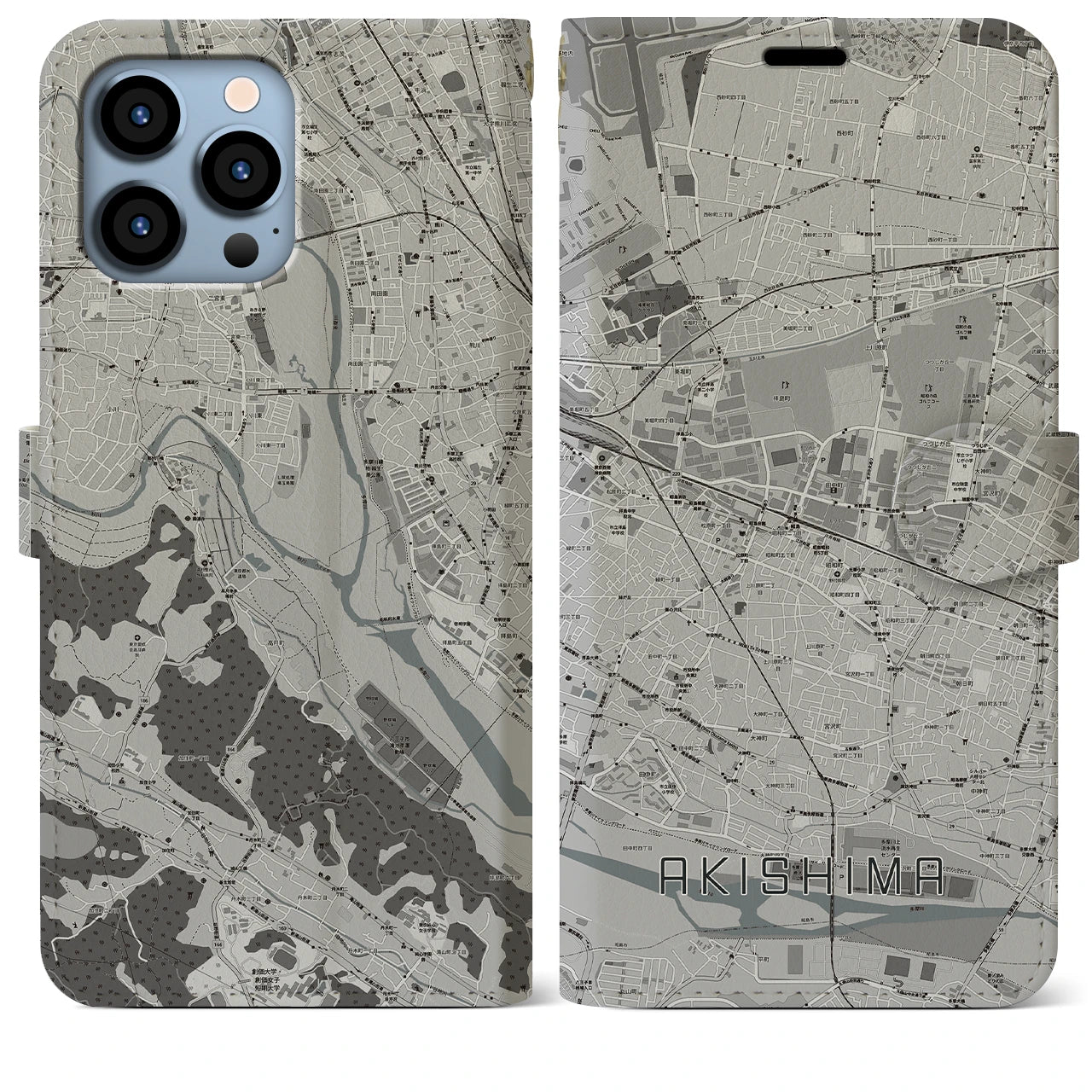 【昭島】地図柄iPhoneケース（手帳両面タイプ・モノトーン）iPhone 13 Pro Max 用