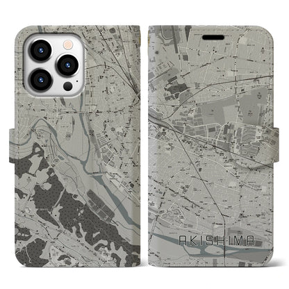 【昭島（東京都）】地図柄iPhoneケース（手帳タイプ）モノトーン・iPhone 13 Pro 用