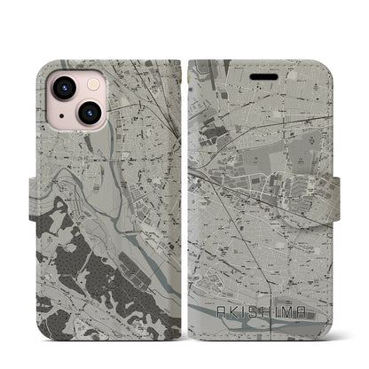 【昭島（東京都）】地図柄iPhoneケース（手帳タイプ）モノトーン・iPhone 13 mini 用