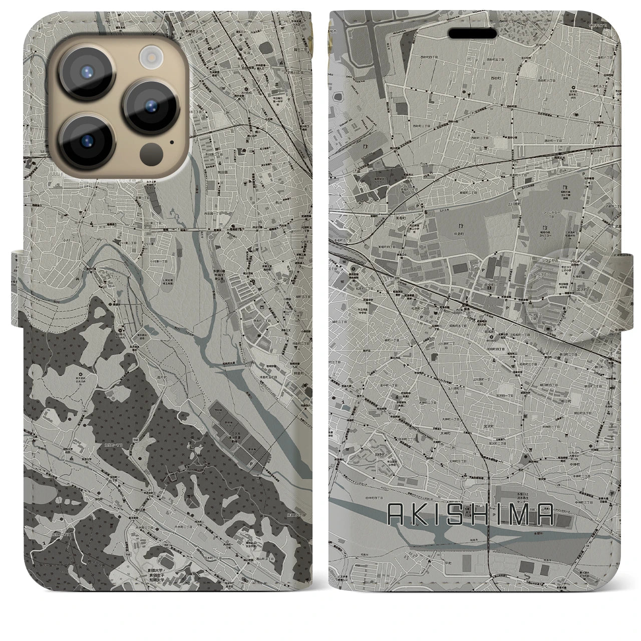 【昭島】地図柄iPhoneケース（手帳両面タイプ・モノトーン）iPhone 14 Pro Max 用