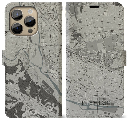 【昭島（東京都）】地図柄iPhoneケース（手帳タイプ）モノトーン・iPhone 14 Pro Max 用