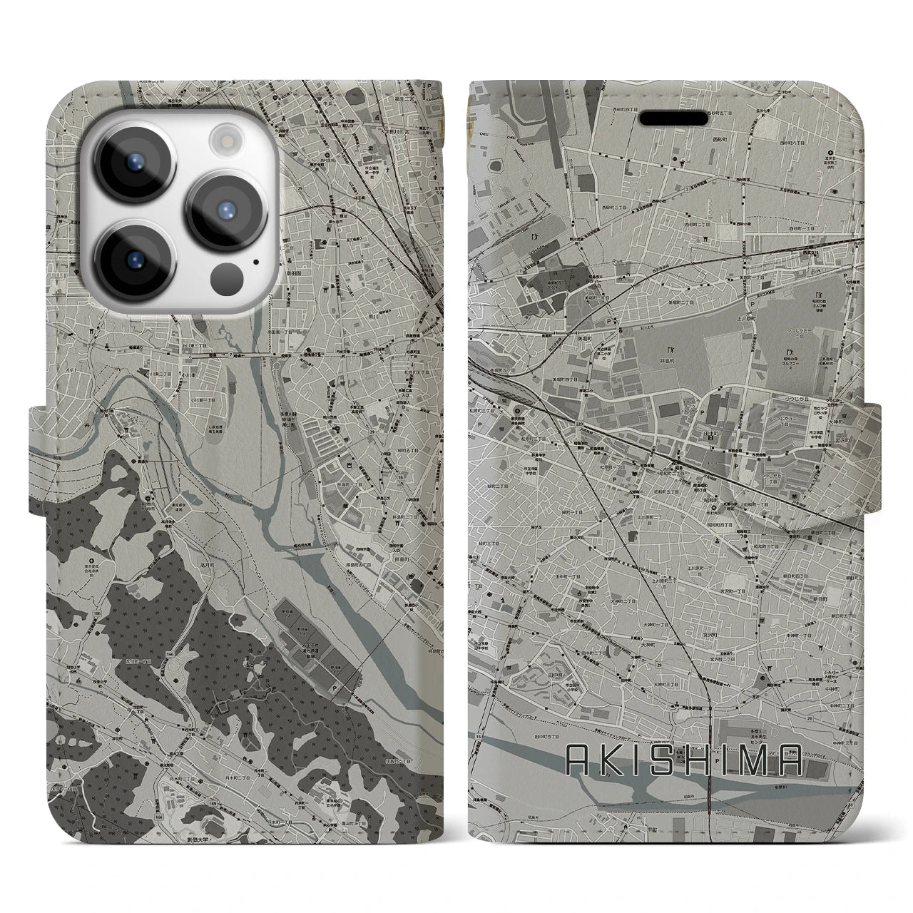 【昭島】地図柄iPhoneケース（手帳両面タイプ・モノトーン）iPhone 14 Pro 用
