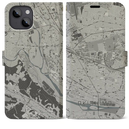【昭島（東京都）】地図柄iPhoneケース（手帳タイプ）モノトーン・iPhone 14 Plus 用