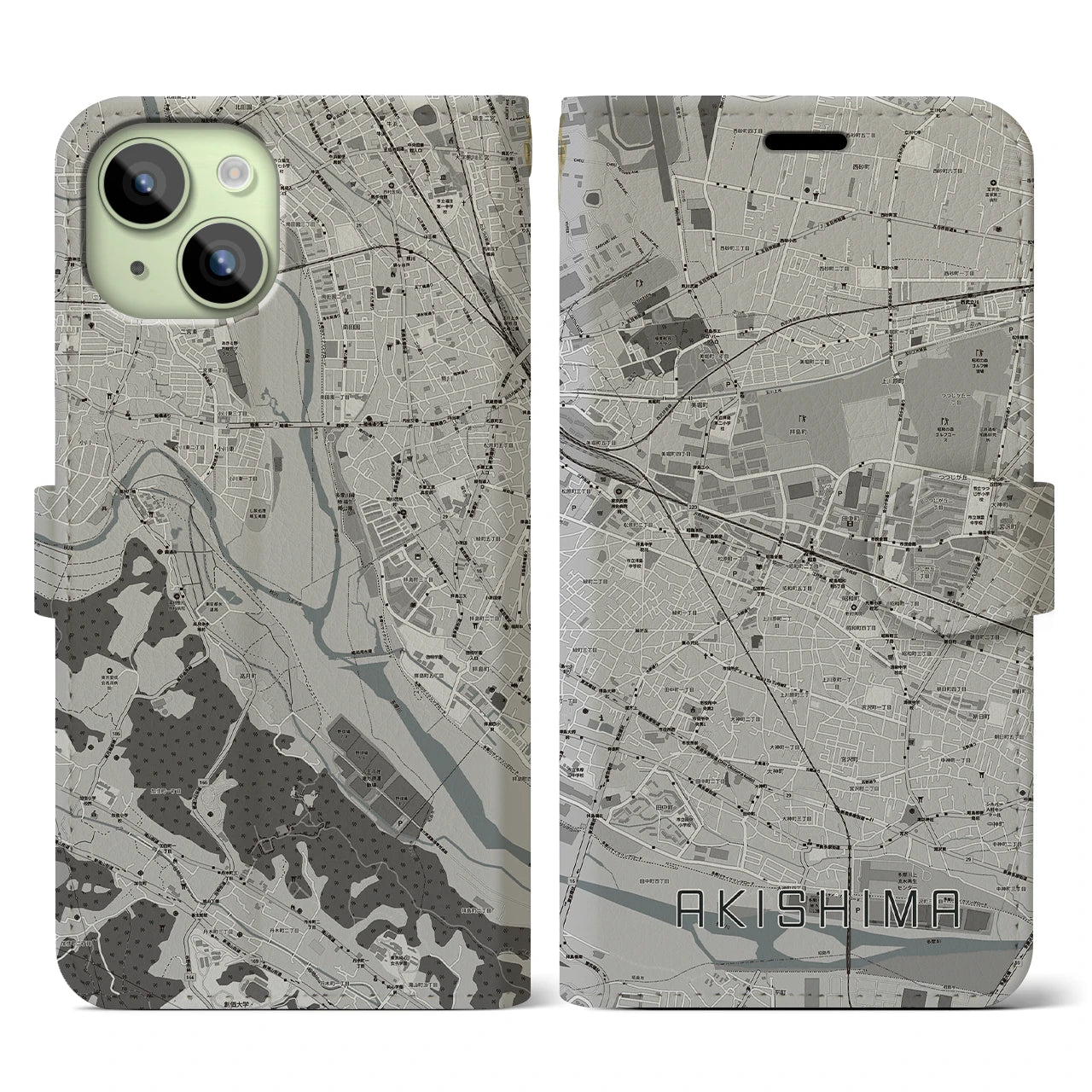 【昭島】地図柄iPhoneケース（手帳両面タイプ・モノトーン）iPhone 15 用