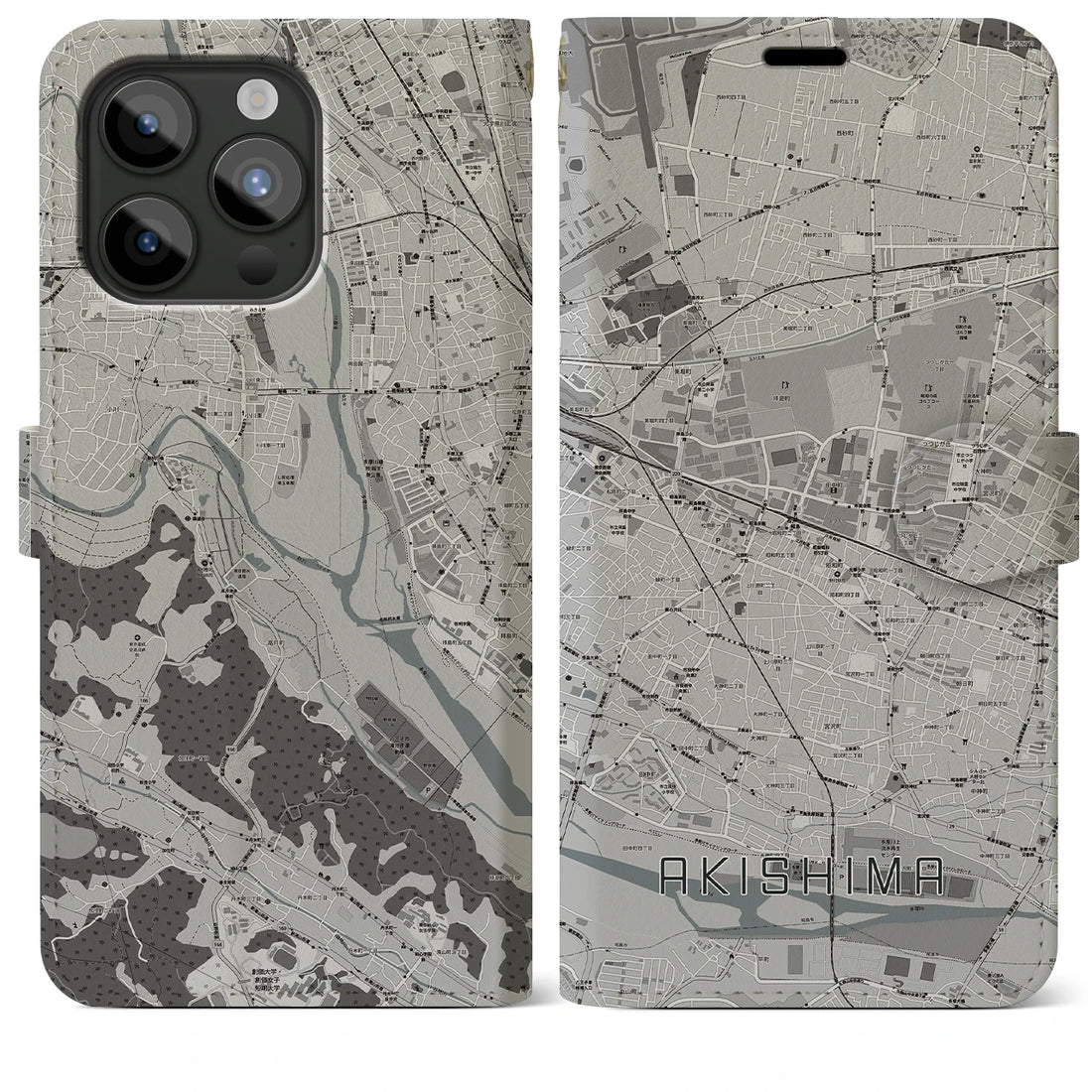 【昭島】地図柄iPhoneケース（手帳両面タイプ・モノトーン）iPhone 15 Pro Max 用