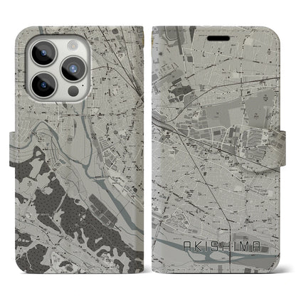 【昭島（東京都）】地図柄iPhoneケース（手帳タイプ）モノトーン・iPhone 15 Pro 用