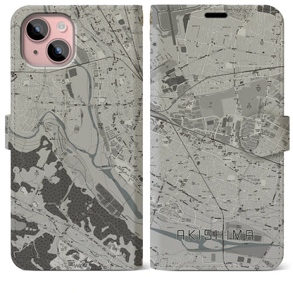 【昭島（東京都）】地図柄iPhoneケース（手帳タイプ）モノトーン・iPhone 15 Plus 用