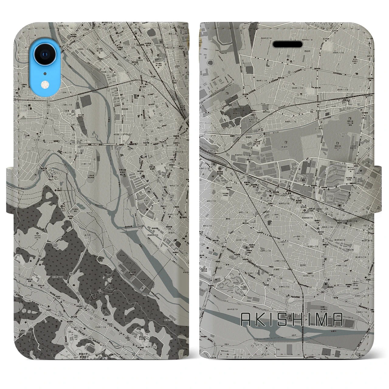 【昭島】地図柄iPhoneケース（手帳両面タイプ・モノトーン）iPhone XR 用