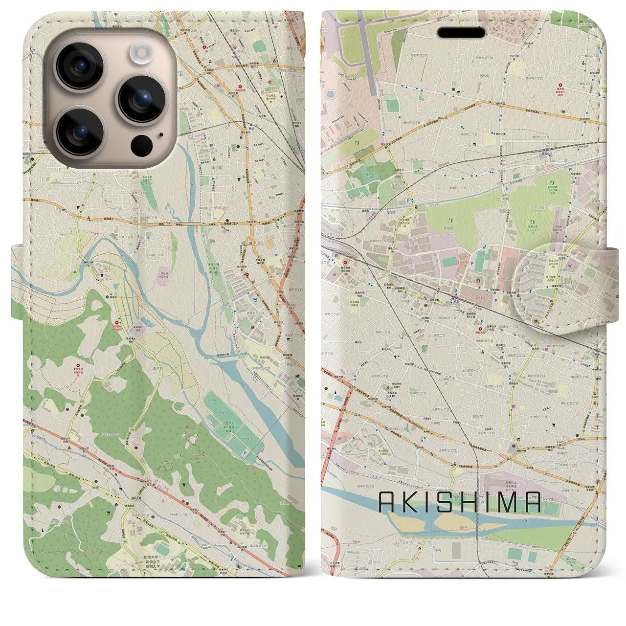 【昭島（東京都）】地図柄iPhoneケース（手帳タイプ）ナチュラル・iPhone 16 Plus 用