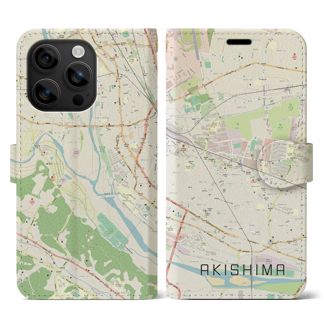 【昭島（東京都）】地図柄iPhoneケース（手帳タイプ）ナチュラル・iPhone 16 用