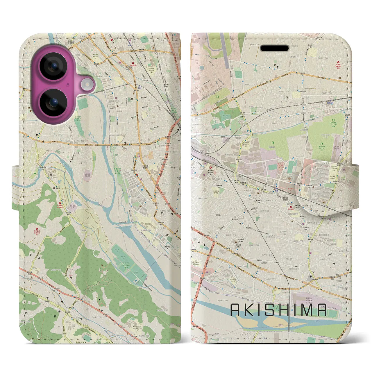 【昭島（東京都）】地図柄iPhoneケース（手帳タイプ）ナチュラル・iPhone 16 Pro 用