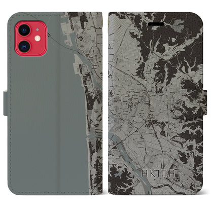 【秋田（秋田県）】地図柄iPhoneケース（手帳タイプ）モノトーン・iPhone 11 用