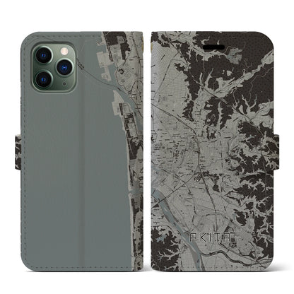 【秋田（秋田県）】地図柄iPhoneケース（手帳タイプ）モノトーン・iPhone 11 Pro 用