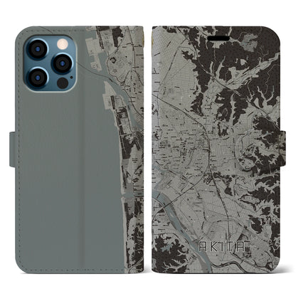 【秋田（秋田県）】地図柄iPhoneケース（手帳タイプ）モノトーン・iPhone 12 / 12 Pro 用