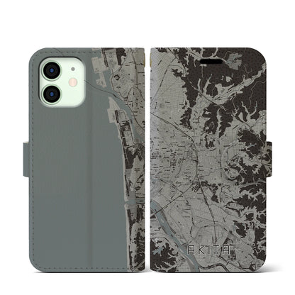 【秋田（秋田県）】地図柄iPhoneケース（手帳タイプ）モノトーン・iPhone 12 mini 用