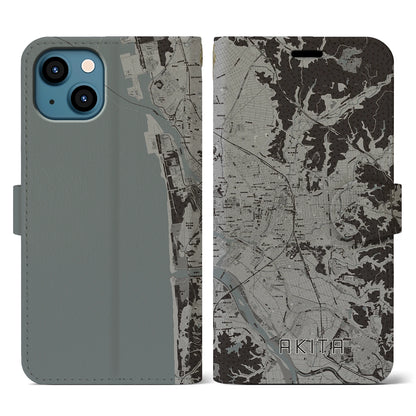 【秋田（秋田県）】地図柄iPhoneケース（手帳タイプ）モノトーン・iPhone 13 用