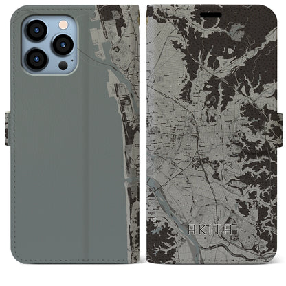 【秋田（秋田県）】地図柄iPhoneケース（手帳タイプ）モノトーン・iPhone 13 Pro Max 用