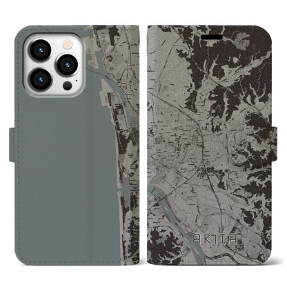 【秋田（秋田県）】地図柄iPhoneケース（手帳タイプ）モノトーン・iPhone 13 Pro 用