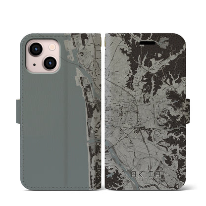 【秋田（秋田県）】地図柄iPhoneケース（手帳タイプ）モノトーン・iPhone 13 mini 用