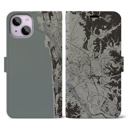 【秋田（秋田県）】地図柄iPhoneケース（手帳タイプ）モノトーン・iPhone 14 用