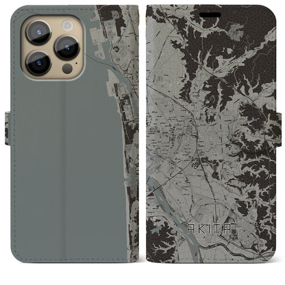 【秋田（秋田県）】地図柄iPhoneケース（手帳タイプ）モノトーン・iPhone 14 Pro Max 用