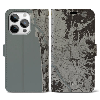 【秋田（秋田県）】地図柄iPhoneケース（手帳タイプ）モノトーン・iPhone 14 Pro 用