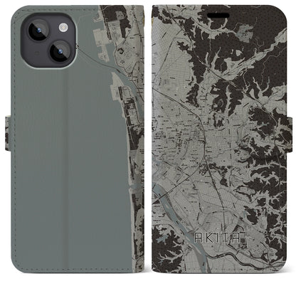 【秋田（秋田県）】地図柄iPhoneケース（手帳タイプ）モノトーン・iPhone 14 Plus 用