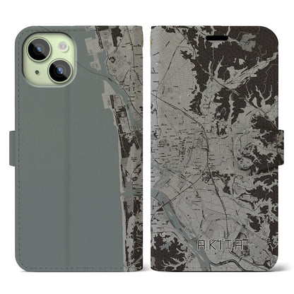 【秋田（秋田県）】地図柄iPhoneケース（手帳タイプ）モノトーン・iPhone 15 用