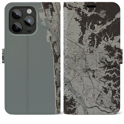 【秋田（秋田県）】地図柄iPhoneケース（手帳タイプ）モノトーン・iPhone 15 Pro Max 用