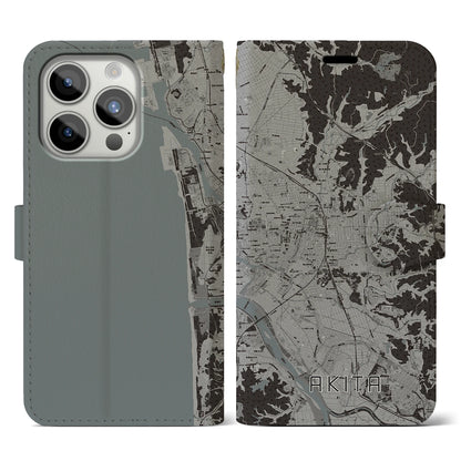 【秋田（秋田県）】地図柄iPhoneケース（手帳タイプ）モノトーン・iPhone 15 Pro 用