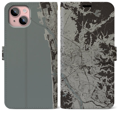 【秋田（秋田県）】地図柄iPhoneケース（手帳タイプ）モノトーン・iPhone 15 Plus 用