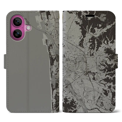 【秋田（秋田県）】地図柄iPhoneケース（手帳タイプ）モノトーン・iPhone 16 Pro 用