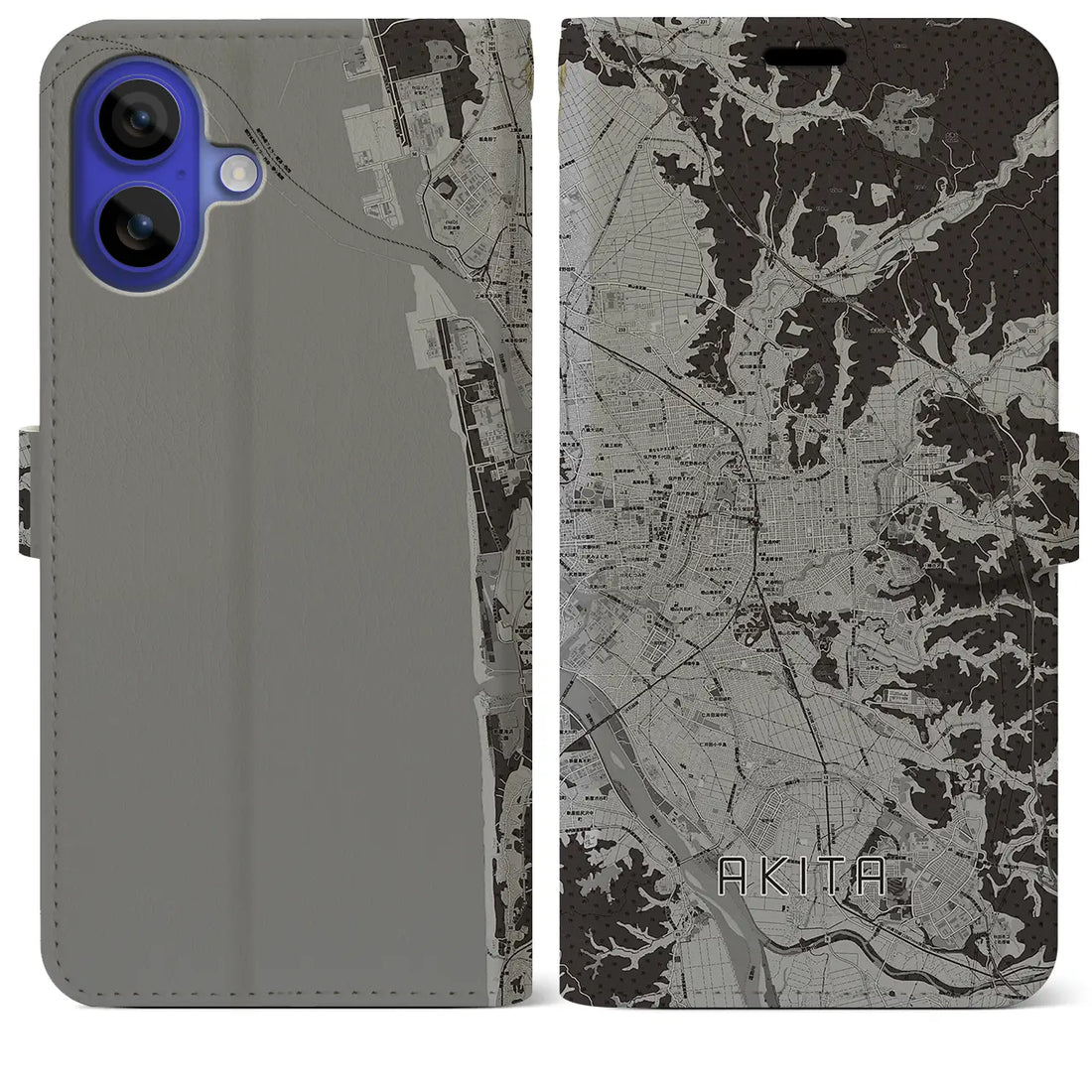 【秋田(秋田県)】地図柄iPhoneケース(手帳タイプ)モノトーン・iPhone 16 Pro Max 用