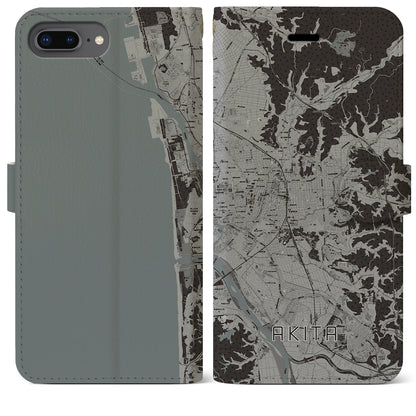 【秋田（秋田県）】地図柄iPhoneケース（手帳タイプ）モノトーン・iPhone 8Plus /7Plus / 6sPlus / 6Plus 用