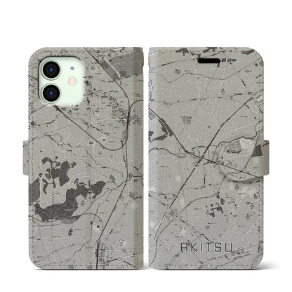 【秋津（東京都）】地図柄iPhoneケース（手帳タイプ）モノトーン・iPhone 12 mini 用