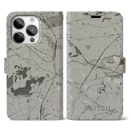 【秋津（東京都）】地図柄iPhoneケース（手帳タイプ）モノトーン・iPhone 14 Pro 用