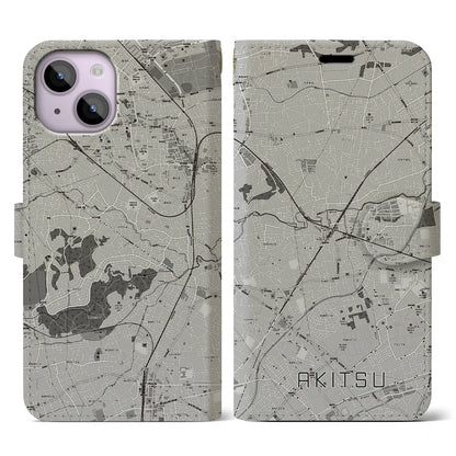 【秋津（東京都）】地図柄iPhoneケース（手帳タイプ）モノトーン・iPhone 14 用