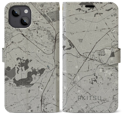 【秋津（東京都）】地図柄iPhoneケース（手帳タイプ）モノトーン・iPhone 14 Plus 用