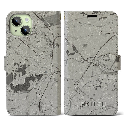 【秋津（東京都）】地図柄iPhoneケース（手帳タイプ）モノトーン・iPhone 15 用