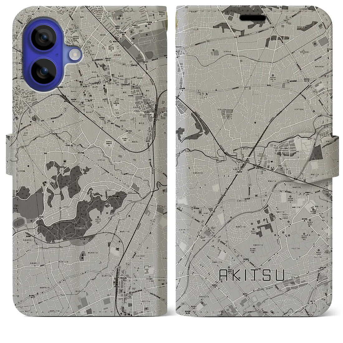 【秋津(東京都)】地図柄iPhoneケース(手帳タイプ)モノトーン・iPhone 16 Pro Max 用