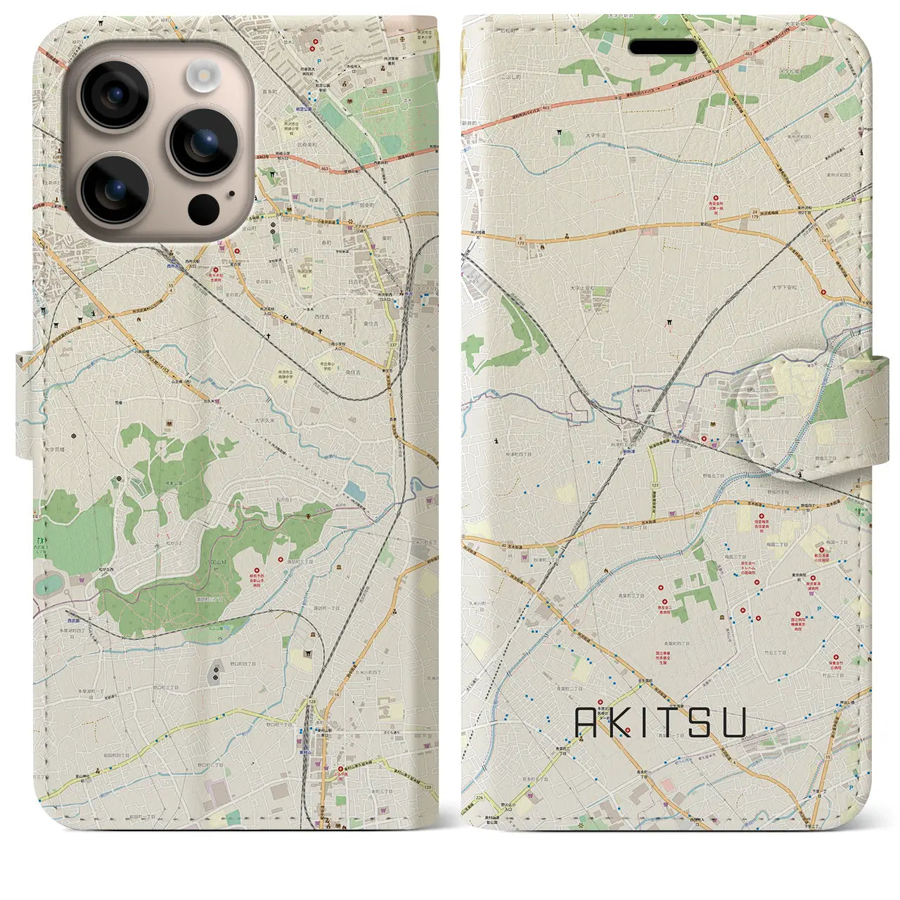 【秋津（東京都）】地図柄iPhoneケース（手帳タイプ）ナチュラル・iPhone 16 Plus 用